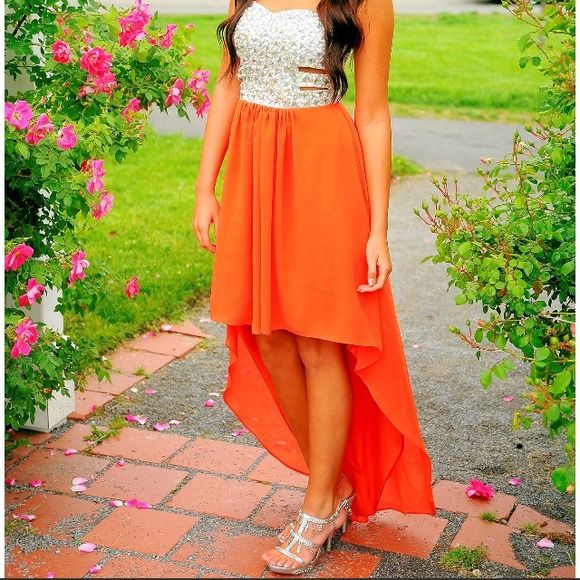 Orange sequined top w/ cutouts sides prom dress