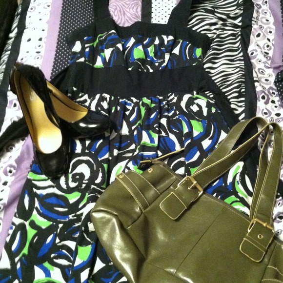 Black, white, green and blue dress.