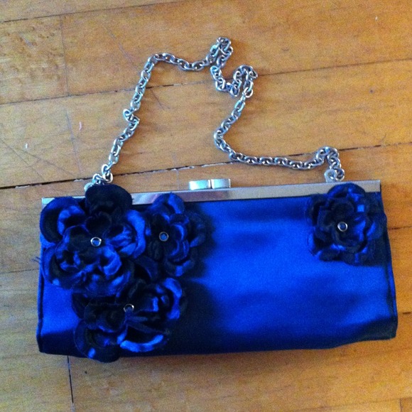 Navy blue satin purse.