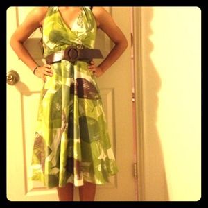 Green and Brown Dress with Leaf Pattern.