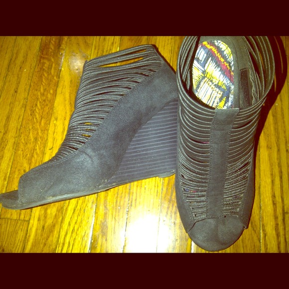 Black Suede Cutout Peep Toe Wedges