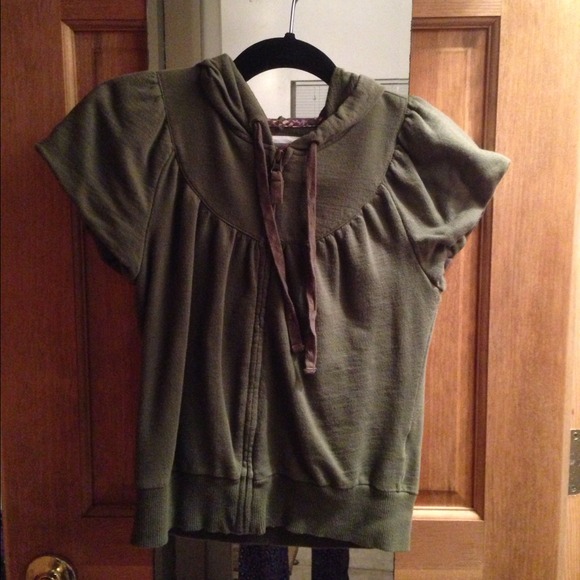 Olive green short sleeve zip up hoodie.