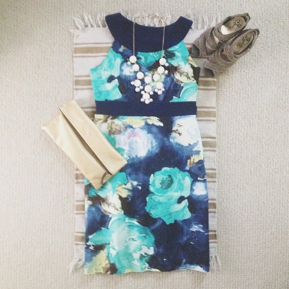 SOLD - Watercolor Floral Dress in Turquoise & Navy