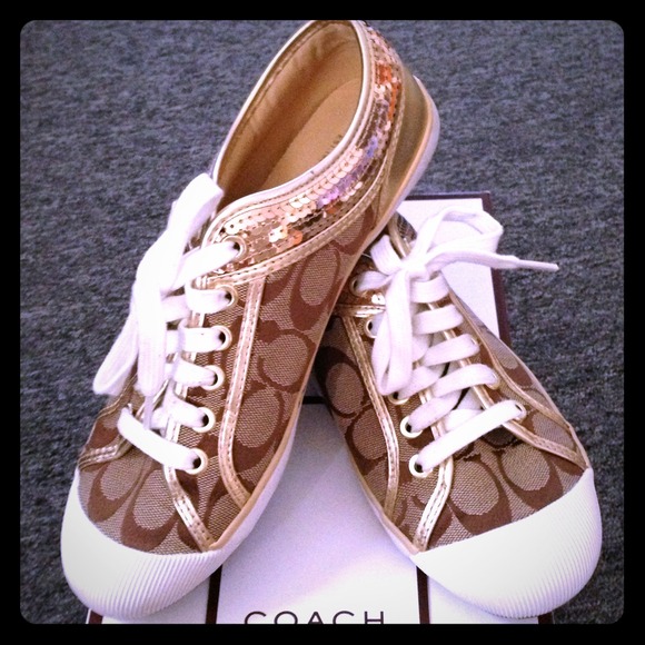Coach Shoes - COACH Zorra khaki/gold sequin sneakers