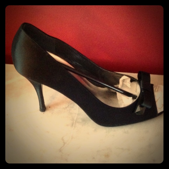 Stuart Weitzman black satin peep toes