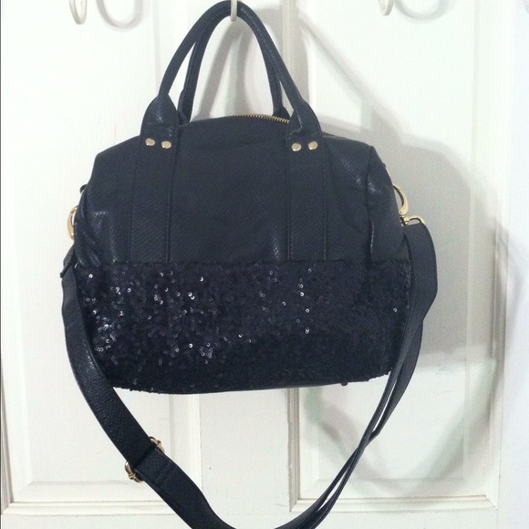 Deux Lux black sequin duffle bag w gold hardware