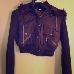 Brown Cropped Bomber Jacket Hooded Large L