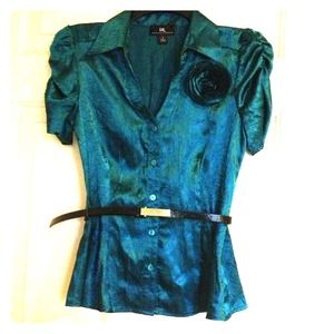 Teal button-up v-neck with center belt