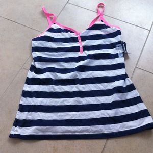 Navy blue striped tang top with neon pink outline