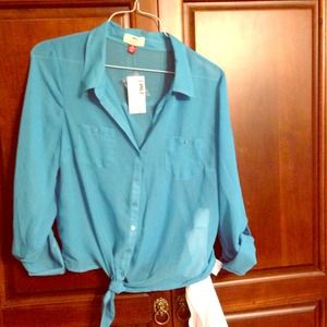 Teal sheer chiffon button down with tie & bandeau