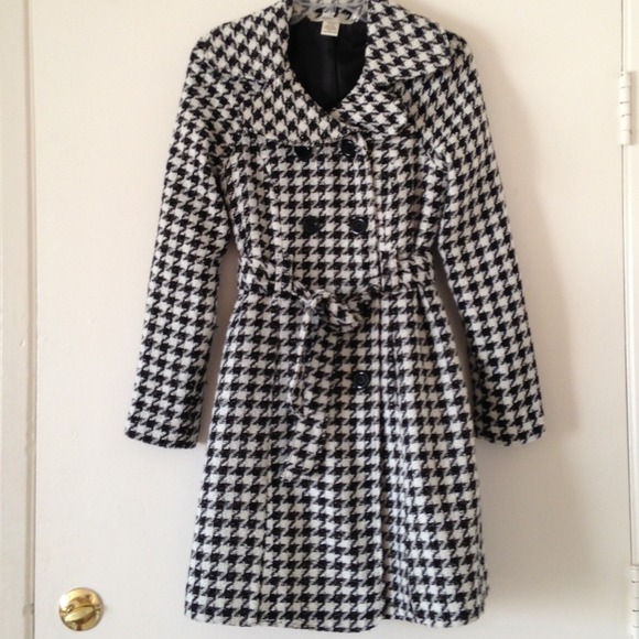 Houndstooth Trench Coat Black White Gold Small S