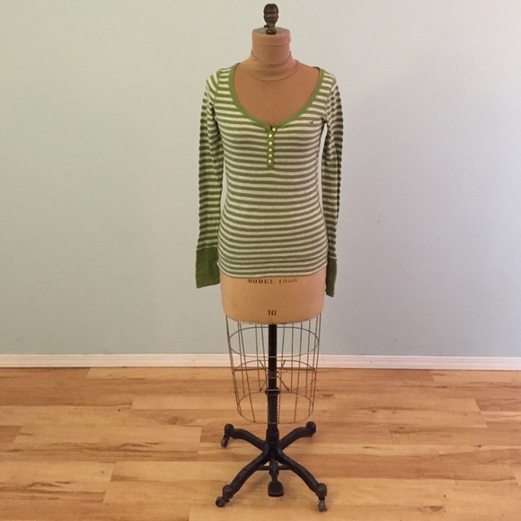 Large Green Striped Hollister Long Sleeve Shirt