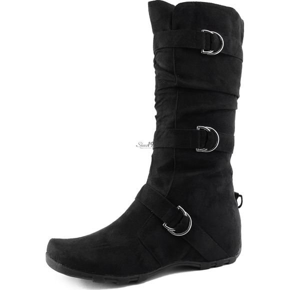 Black suede buckle boots