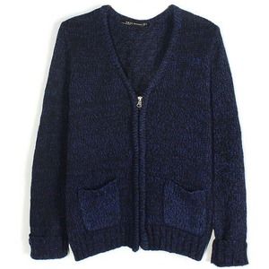 Dark Blue Double Pocket Zip Front Cardigan Sweater