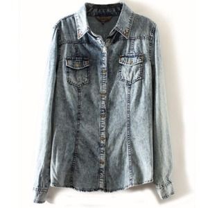 Light Wash Metal Accented Cotton Denim Blouse