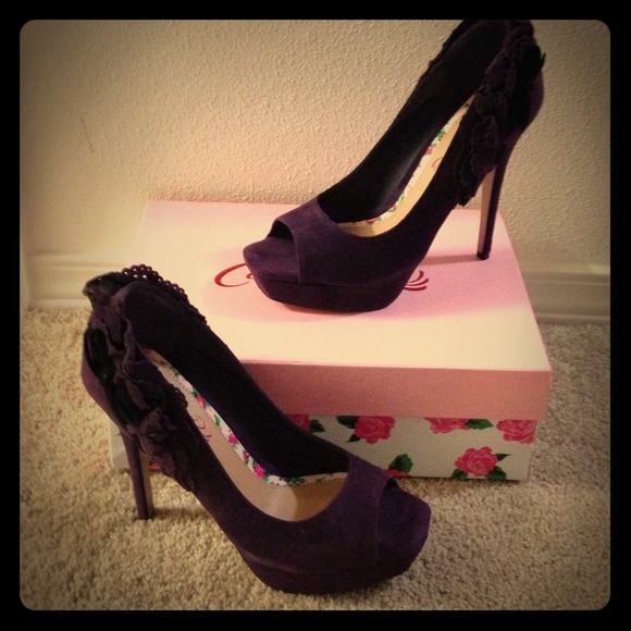 From Neiman Marcus peep-toe plum heels