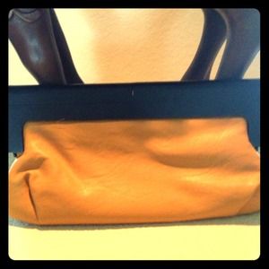 Melle Bianco clutch-Mustard faux leather w/ wood