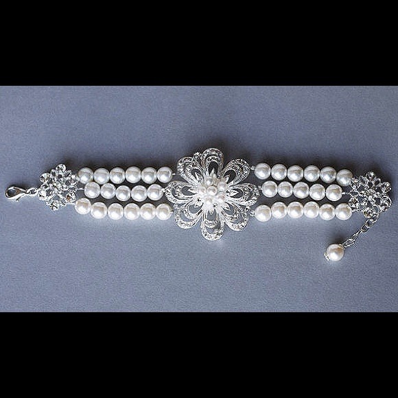 Bridal pearl triple strand rhinestone bracelet