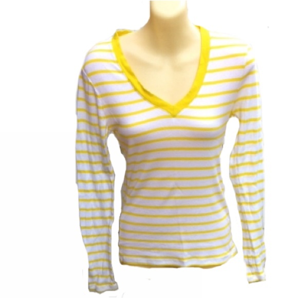 I) Old Navy Yellow & White Stripe Long Sleeve V-Neck Shirt – Size Small - Picture 2 of 7