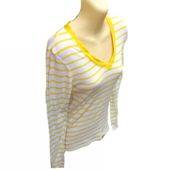 I) Old Navy Yellow & White Stripe Long Sleeve V-Neck Shirt – Size Small - Picture 3 of 7