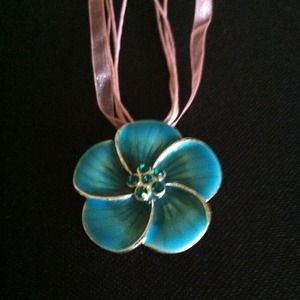 Pink & teal, ribbon and rhinestone necklace