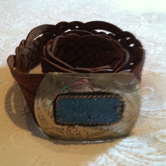 Braided leather belt with turquoise silver buckle