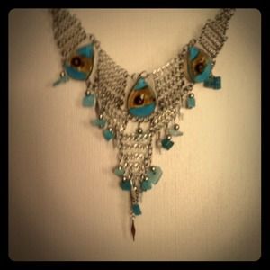 Silver, teal and brown necklace