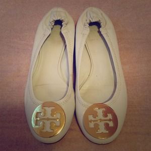 Tory Burch Reva Flats in White w/ Gold