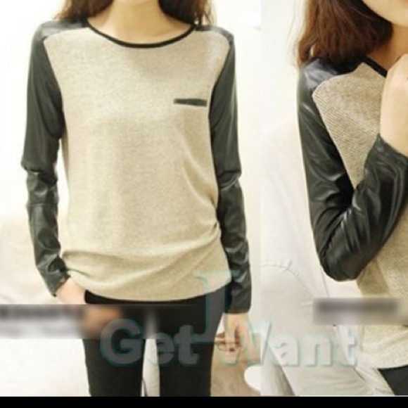 ✋Reserved✋Faux Leather sleeve long sleeve top. - Picture 3 of 4