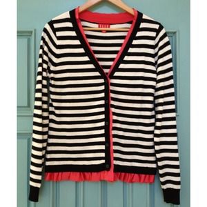 Black & White striped cardigan w/pink ruffle edge