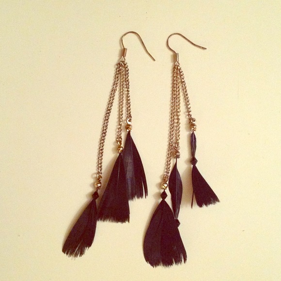 Gold and black feather earrings