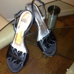 Stuart Weitzman black satin cocktail shoes.