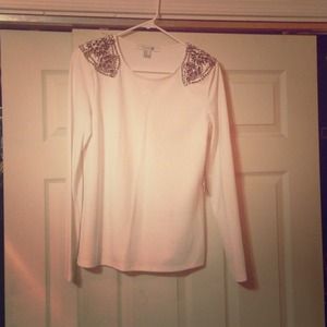Cream knit top with jeweled shoulders