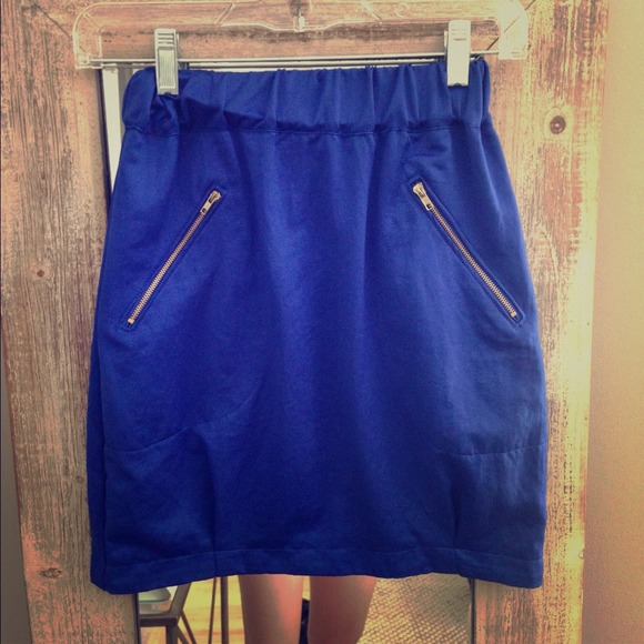 High Waist Blue Silk Mini Skirt W/ gold Zippers