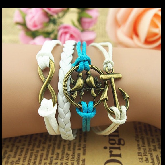 Love birds, infinity & anchor blue white bracelet