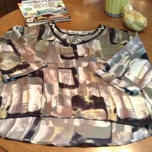 New black, grey & beige top with metallic @ collar