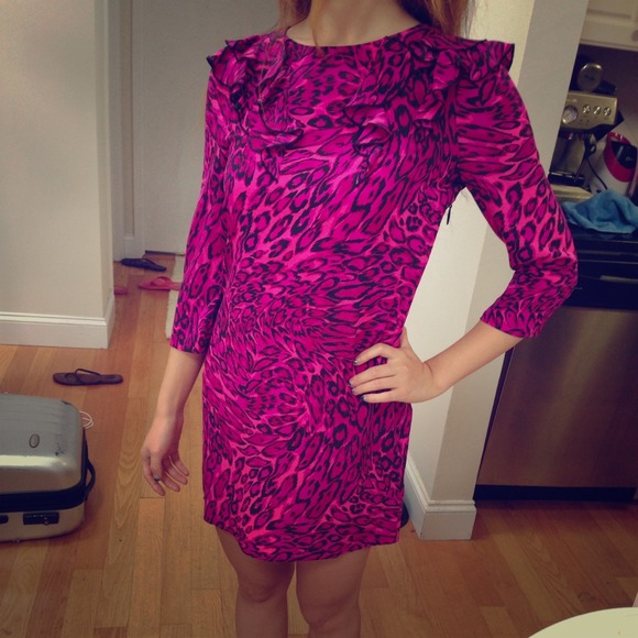 hot pink leopard print dress SHEIN Clasi Leopard Print Flounce Sleeve Ruffle Hem Dress