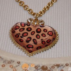 Leopard/Animal Print Heart w/ Rhinestone Necklace