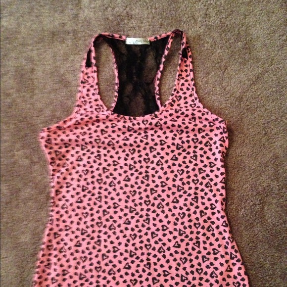 Super cute lacey back Pink top with black hearts