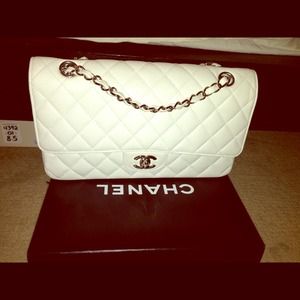 Chanel white medium classic bag with silver chain