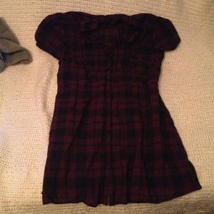 Dark Maroon and Black Plaid Button Up Dress