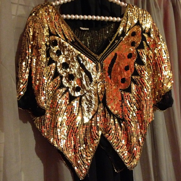 REDUCED Vintage Black & Gold Butterfly Sequin Top