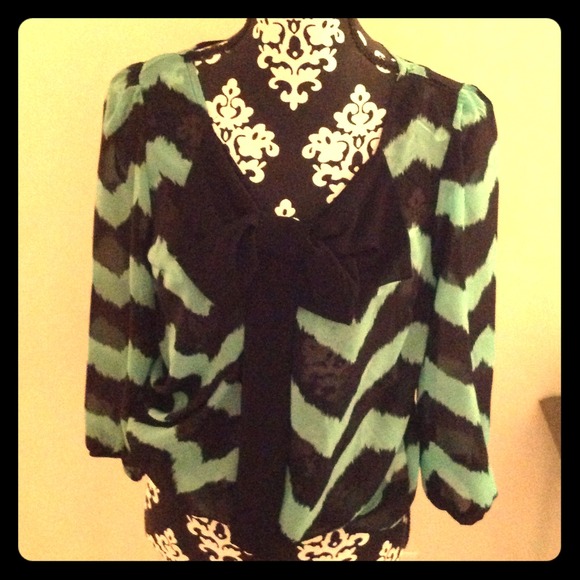 Teal &black long sleeve blouse - Picture 1 of 3