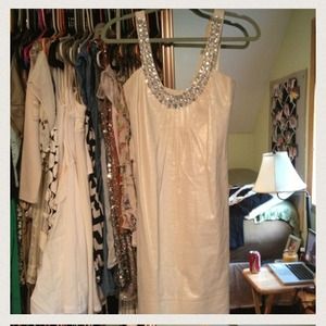 Ivory shimmer bridal dress and blue formal dress