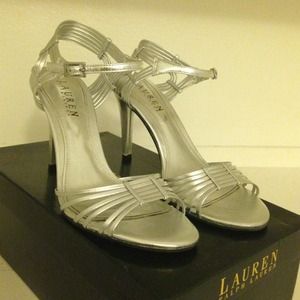 Ralph Lauren 7.5 silver strappy heels, worn once