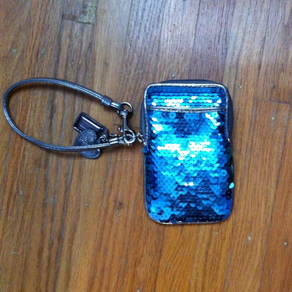 Blue sequined Coach wristlet
