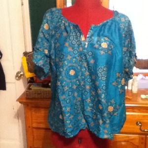 Teal tribal print loose fitting blouse