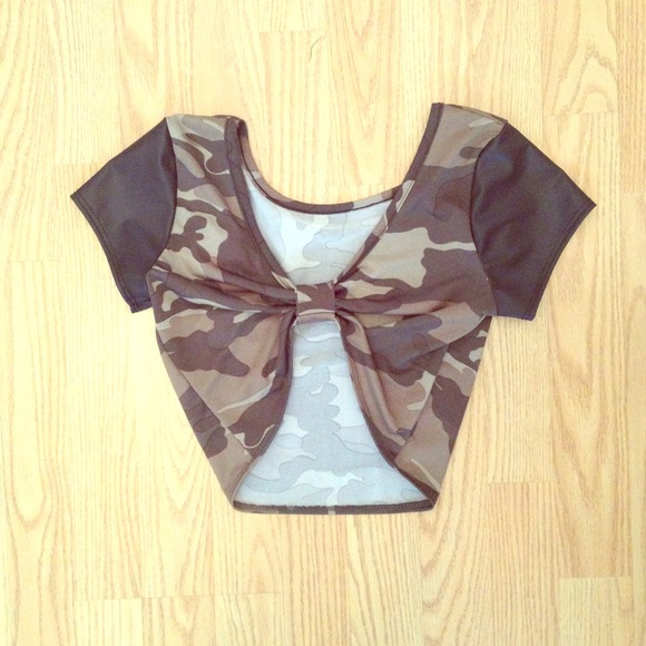 Camo/Leather Crop Top with Bow Back