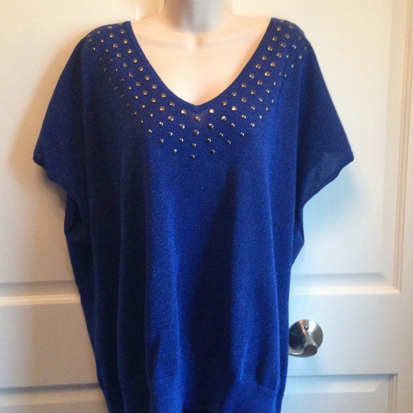 Blue shiny studded v neck