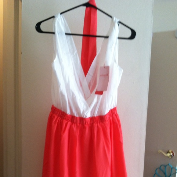 White and pink extra deep v tank dress